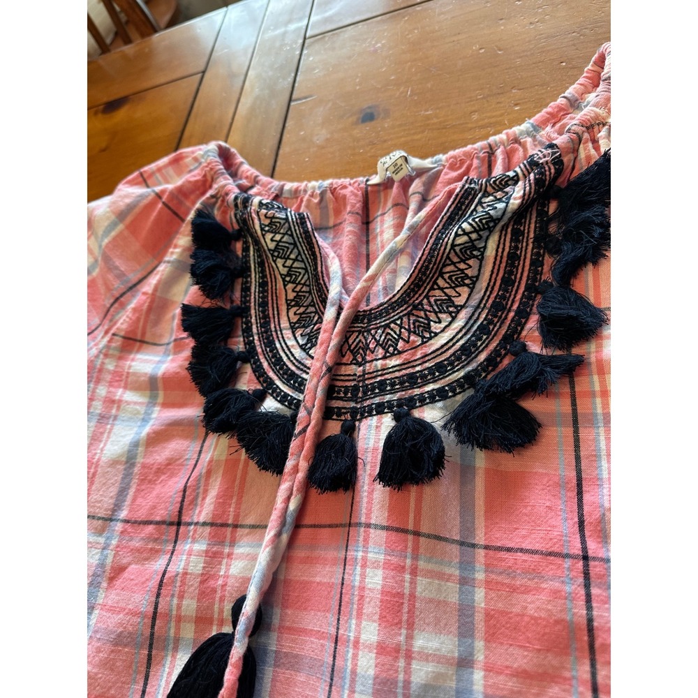 Crown & Ivy Womens Pink Plaid Embroidered Tassel Shift Dress Size 10 Cotton - Picture 8 of 8
